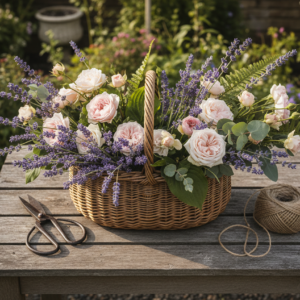Traditional wooden flower trug on a potting bench