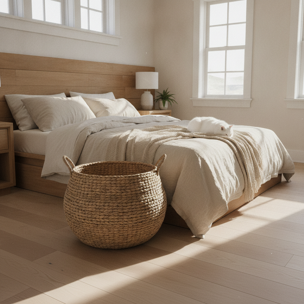 Wicker storage basket in a bedroom — a cool dry location ideal for basket care and storage