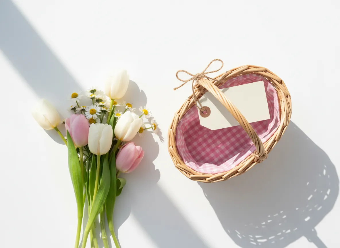 Wicker gift picnic basket with contents arranged in a flat lay